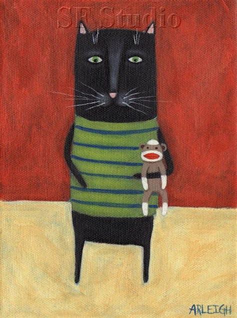 Whimsical Cat Print Black Cat Holding Sock Monkey Cute Etsy Modern