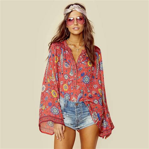 Ladies Red Boho Blouse 2018 Spring Birds Floral Print Blouses Vinatge O