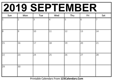 September 2019 Calendar Blank Easily Printable 123calendars
