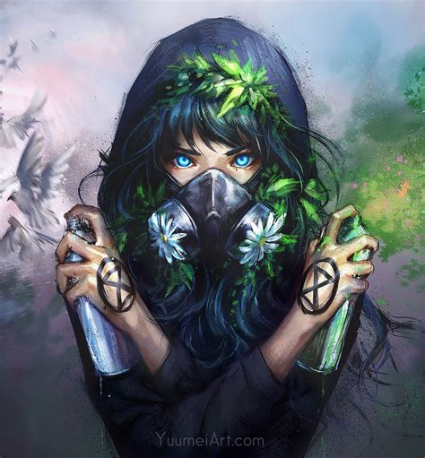 Yuumei — Revive Anime Art Girl Gas Mask Art Cyberpunk Art