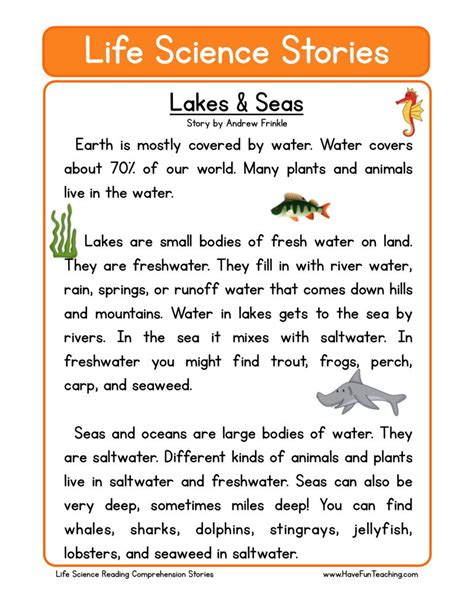 Reading Comprehension Worksheet Lakes And Seas