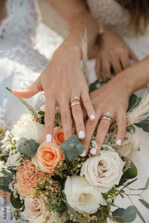 Beautiful Aesthetic Same Sex Wedding Two Brides Lesbian Hold Hands With Wedding Rings And