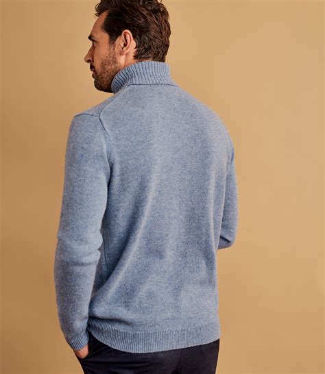 Deep Sky Blue Mens Lambswool Polo Neck Jumper Woolovers Au