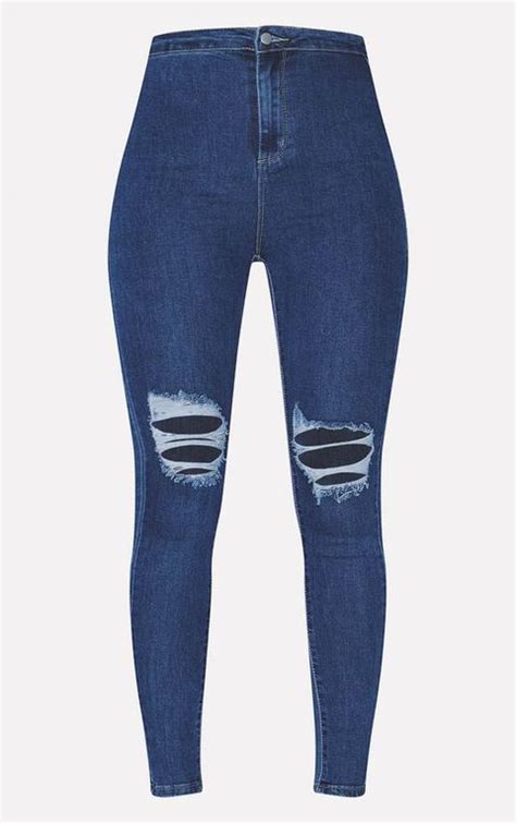 Prettylittlething Mid Blue Knee Rip 5 Pocket Skinny Jean From