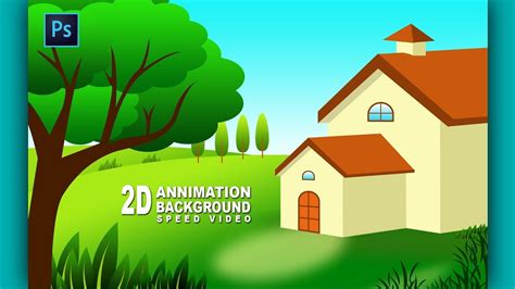 2d Animation Background House Inside Green Field Photoshop Software