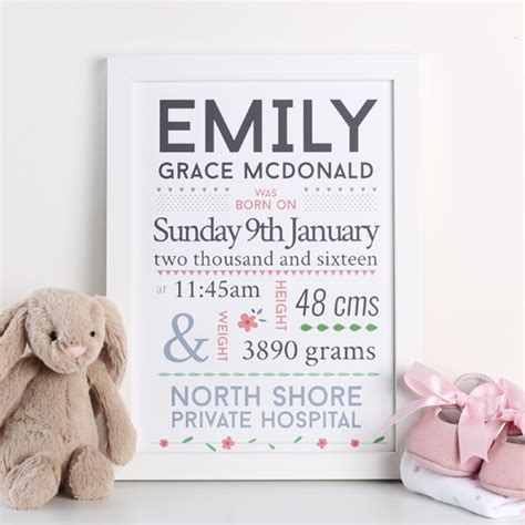 Bespoke baby gifts specialises in creating unique baby shower gifts, nappy cakes & newborn baby gifts. Personalised Birth Details Print Girl | Gifts Australia