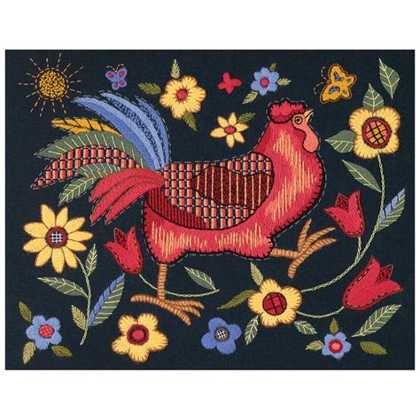 Rooster On Black Crewel Kit 11x14 Stiched In Wool And Thread