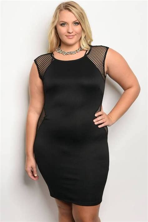 Women Plus Size Black Mesh Details Sleeveless Fitted Bodycon Dress