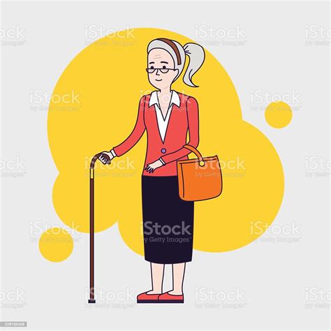 Old Stylish Woman Using Cane Senior Lady With Glasses Walking Stock