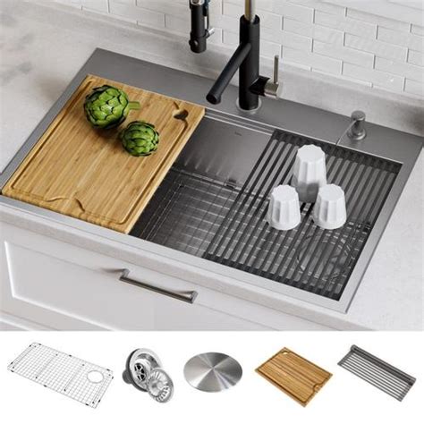 Kraus manufactures many different types of kitchen products and accessories but seems to specialize in kitchen sinks and kitchen faucets. Kraus Kore 33-in x 22-in Stainless Steel Single Bowl Drop ...