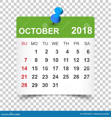 October 2018 Calendar Calendar Sticker Design Template Stock Vector