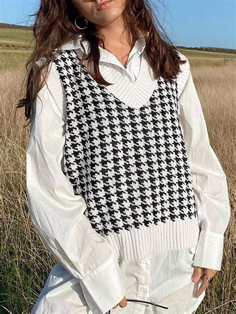 2021 Houndstooth Knitted Vintage Sweater Vest White S In Sweater Vest