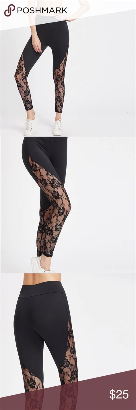 Black Floral Lace Insert Leggings Clothes Design Fashion Black Floral