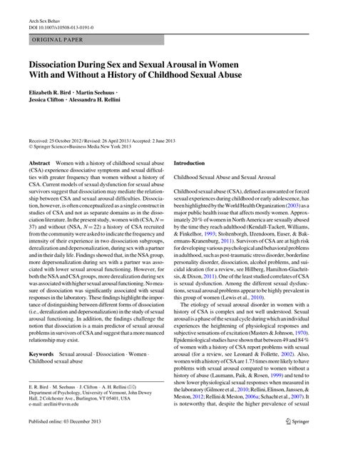 Pdf Dissociation During Sex And Sexual Arousal In Women With And Without A History Of