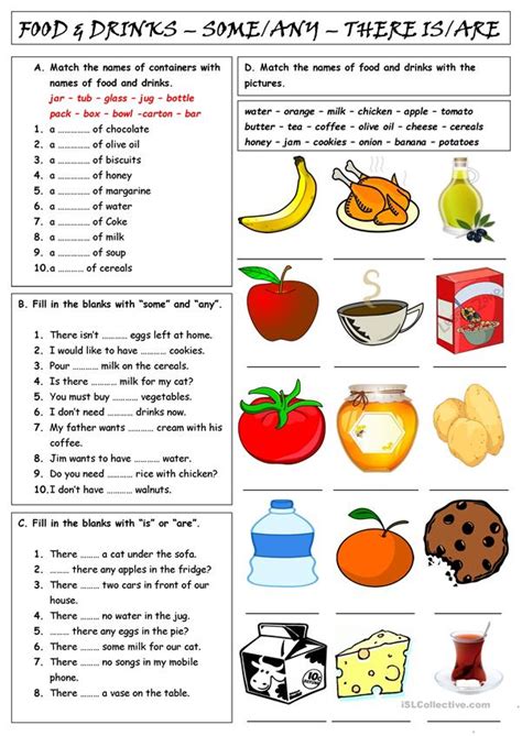 Food And Drinks Some And Any There Isare English Esl Worksheets For