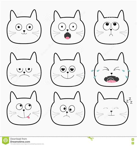 Cute Black Cat Head Set Funny Cartoon Characters Stock