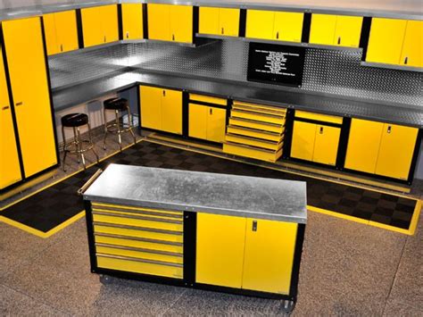 A Garage With Yellow Cabinets And Stools