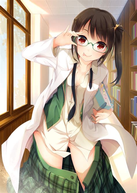 Wallpaper Illustration Long Hair Anime Girls Brunette Glasses Skirt Red Eyes Scientists