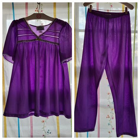 Vtg Womens Nylon Sleepwear Set Silky Royal Purple Satin Pajama W Lace