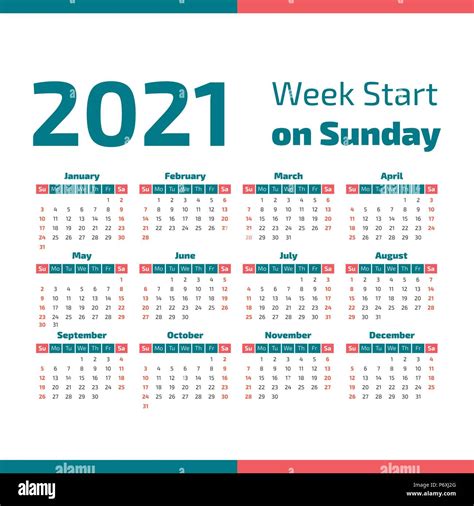 Simple Calendario Del Año 2021 La Semana Comienza En Domingo Imagen Vector De Stock Alamy