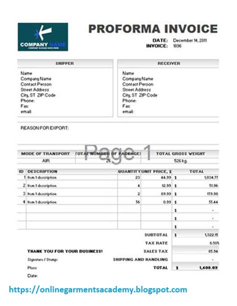 Pi Proforma Invoice Sheet Of Garments Industry Garments Academy