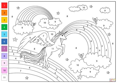 Winged Unicorn And Rainbow Color By Number Free Printable Coloring Pages