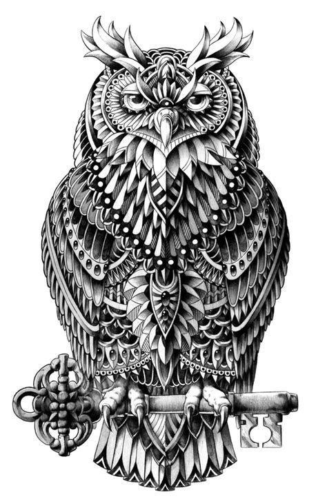 Great Horned Owl Animal Art Print Black And White Ornately Decorated