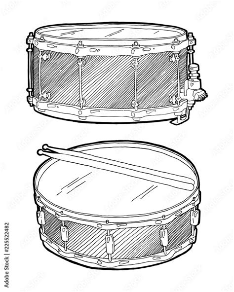 Snare Drum Sketch Drawing Isolated On White Background Drums Set Hand
