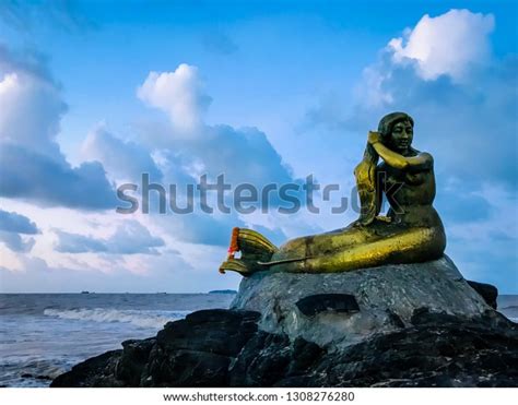 Golden Mermaid Statue Located On Beach Stock Photo 1308276280