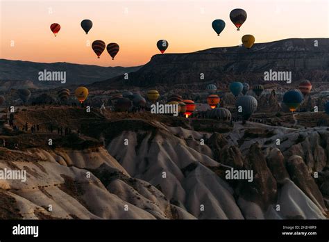 Early Morning In Cappadocia The Flight Of Balloons A Large Number Of