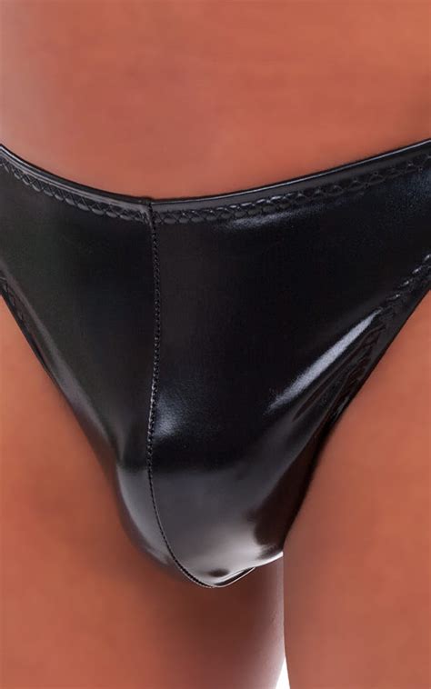 mens bikini brief swimsuit in gloss black stretch vinyl nylon lycra