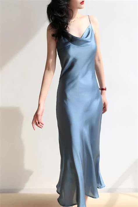 Dusty Blue Silk Cowl Neck Midi Slip Dress Satin Dresses Blue Dress