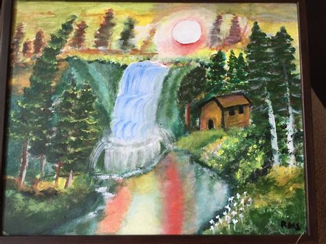 Sunset By Waterfall Realistic Painting For Sale By Mpainting