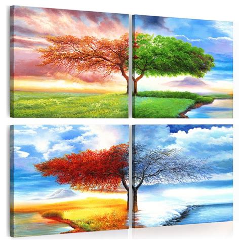 Embelish 4 Panels Wall Art Posters Four Seasons Trees Landscape Modular Pictures Home Decor Hd
