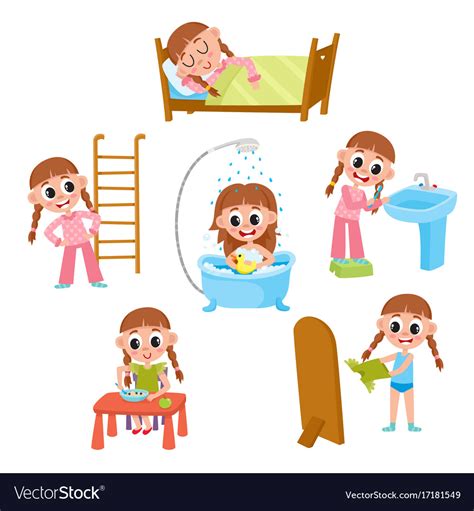 Daily Morning Routine Set Cartoon Little Girl Vector Image