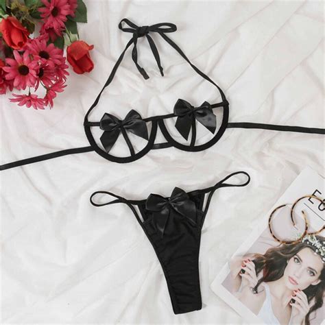 Sexy Fashion Lingerie Womens Underwear Set Hollow Out Thong Bowknot Sleepwear Exotic Costumes