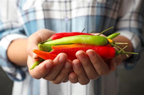 Young Woman Holding Different Hot Chili Peppers Stock Image Image Of