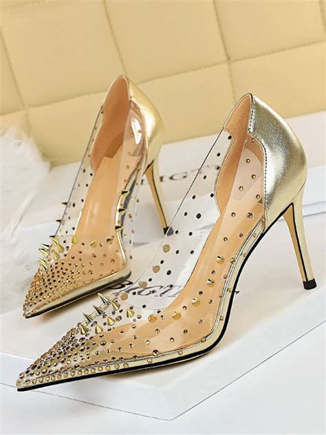 womens gold clear high heels pointed toe stiletto heel pumps with rivets