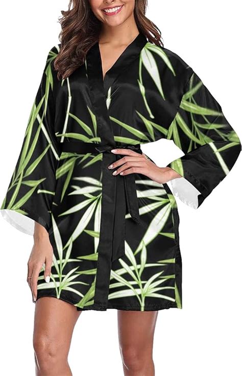 Womens Robe Bamboo On Black Kimono Robes Short Bathrobe Bath Sleepwear