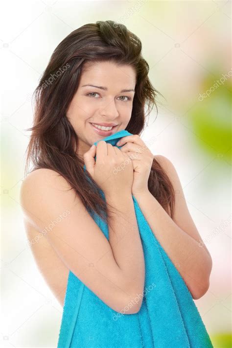 Nude Woman Covered By Blue Towel Stock Photo Piotr Marcinski