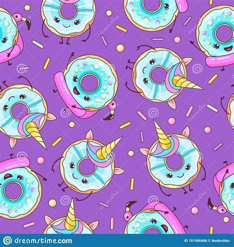 Seamless Pattern With Funny Kawaii Sweet Donuts Like Unicorn Cartoon