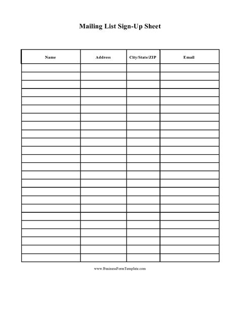 Email Sign Up Sheet Template Printable