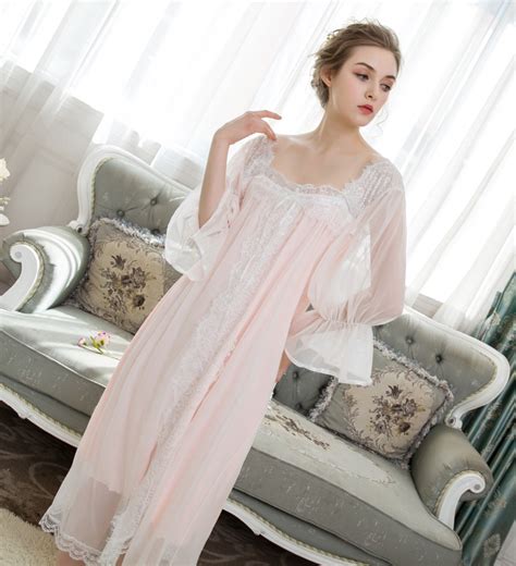 3 Colors Horn Sleeve Nightgowns Women Long Nightdress Soft Lace Sleepwear Palace Princess