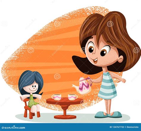 Cute Happy Cartoon Girl Playing With Doll Stock Vector Illustration