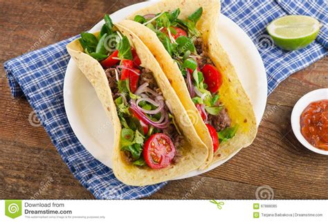 Two Tacos On A Wooden Table Stock Image Image Of Lunch Meat 67888085