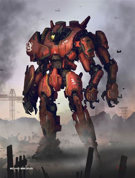 A Painting Of A Giant Robot Standing In The Middle Of A Field With