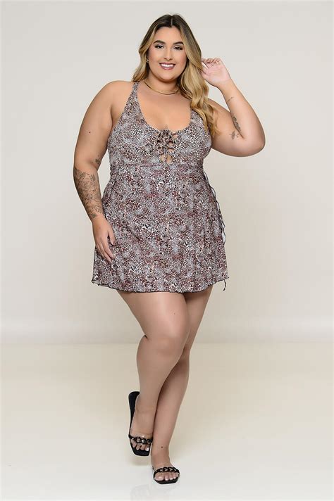 Maiô Plus Size Com Bojo E Saída Embutida Animal Print Vk Moda Plus Size