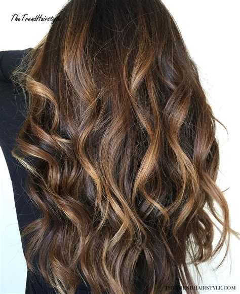 Black hair with highlights is gorgeous and trending strong right now. Long Waves with Warm Caramel Balayage - 70 Balayage Hair ...