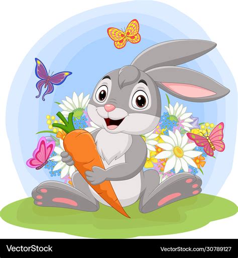 Cartoon Rabbit Holding A Carrot In Grass Vector Image