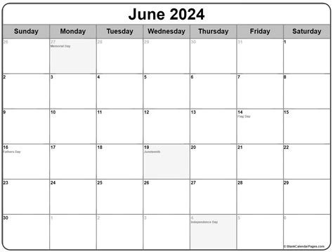 June 2024 With Holidays Calendar
